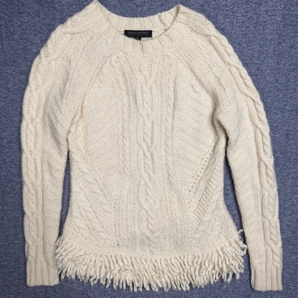 Banana Republic Merino Alpaca Cable Knit Fringe Sweater Cream Ivory Small